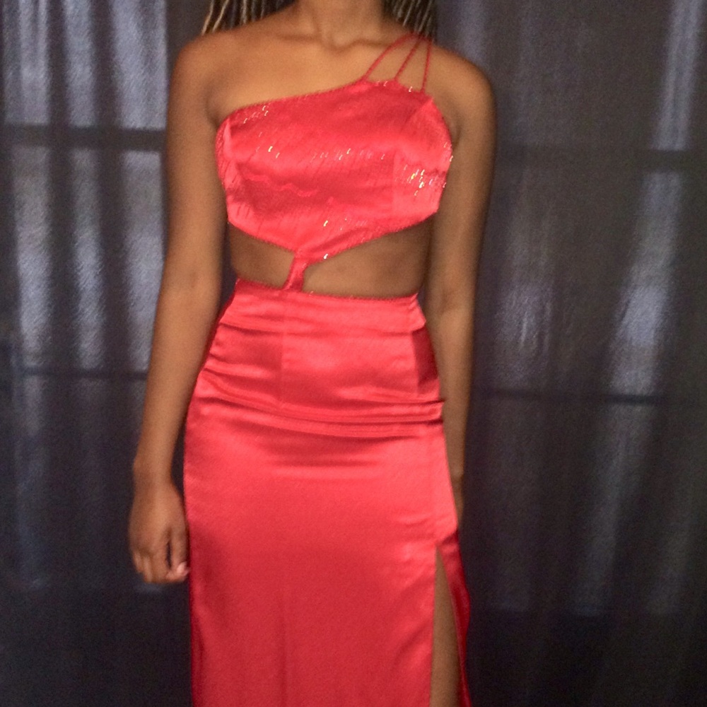 Party Time Satin & Beaded Cut Out Prom Maxi Dress
